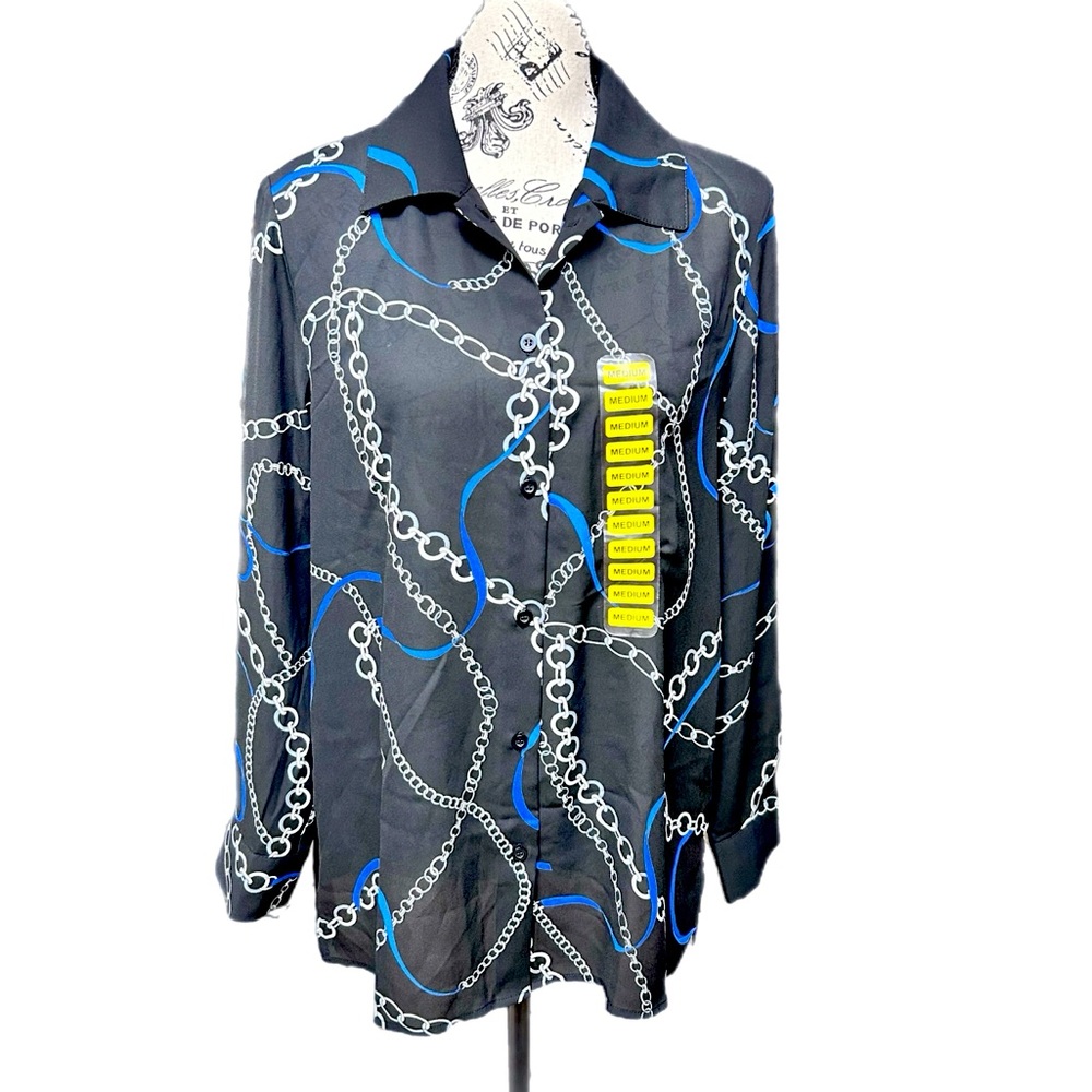 Chelsea & Theodore Long Sleeve Navy Chain Link Print Button Up Blouse Medium